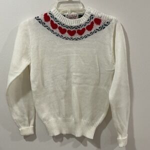 VTG '80s Currants Jeri-Jo White Red Hearts Flowers Knit Girl Medium Sweater Love